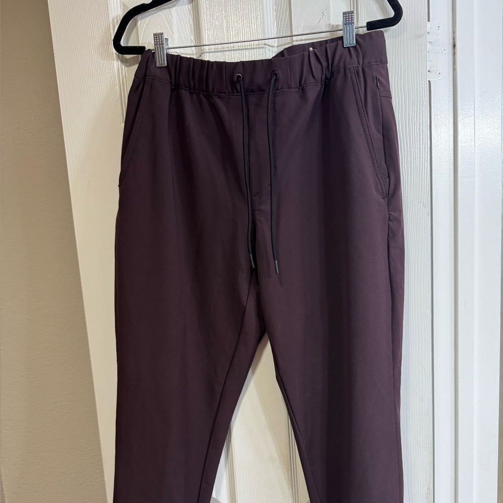 Stretchtech plum wine men’s pants. Drawstring waist. Banded ankles.